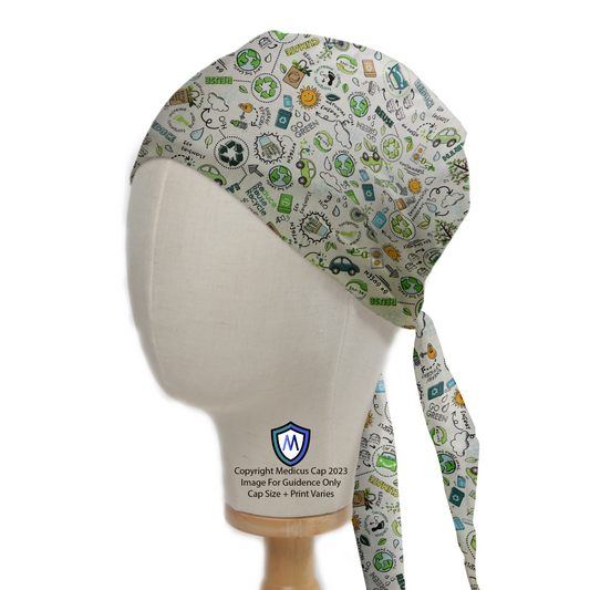 A mannequin head models the Eco Reuse Recycle Scrub Cap by Medicus Scrub Caps, featuring a sustainability-themed pattern with recycling symbols, trees, and eco-friendly icons on white fabric.