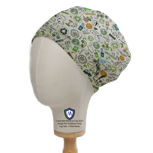 The mannequin wears a Medicus Scrub Caps Eco Reuse Recycle Scrub Cap featuring green-themed sustainability icons, including recycling symbols and eco-friendly messages, displayed on a wooden stand.