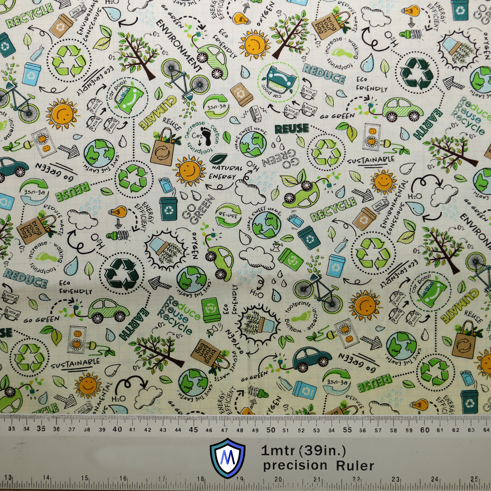 The Eco Reuse Recycle Scrub Cap by Medicus features eco-friendly patterns with recycling symbols, trees, bicycles, and sustainability messages. A ruler at the bottom provides measurements.