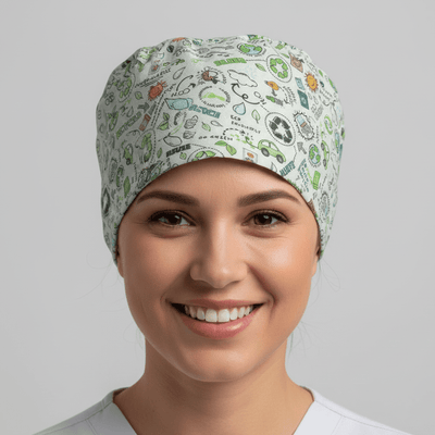 Eco Reuse Recycle scrub cap shown on model