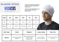 Man wearing a white Medicus elastic-backed scrub cap. Size guide chart for reusable theatre hats with hair type recommendations.