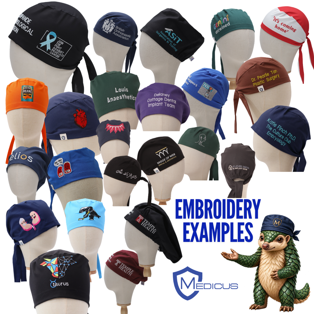 Examples of embroidered scrub caps with names, roles, logos and hospital departments