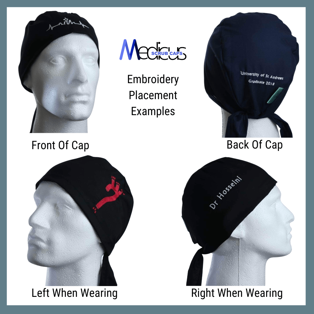 Different views of a black Medicus Scrub Cap with customizable embroidery placements, displayed on a mannequin head.