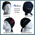 Embroidery placement examples for Medicus Scrub Caps, featuring custom text and designs on the front, back, and sides of the scrub cap.