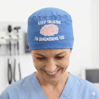 Embroidery - Brain Diagnosing Keep Talking scrub cap shown on model