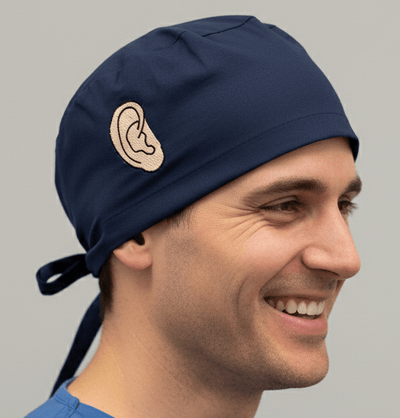 Embroidery - Ear - scrub cap shown on model