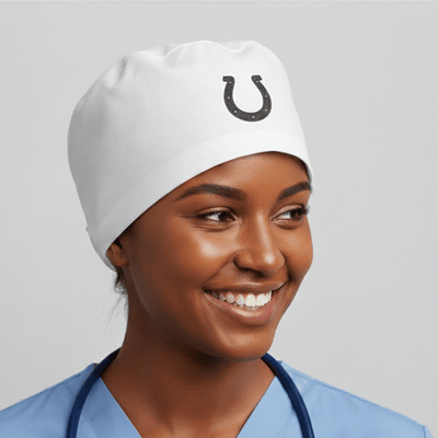 Embroidery - Horse Shoe - scrub cap shown on model