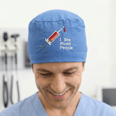 Embroidery - I See Numb People - scrub cap shown on model