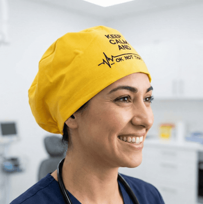 Embroidery - Keep Calm And.. Ok Not That Calm scrub cap shown on model