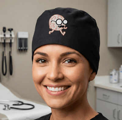 Embroidery - Mr Brain Walking scrub cap shown on model