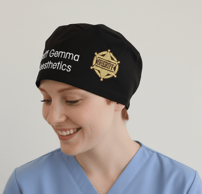 Embroidery - The Sheriff scrub cap shown on model