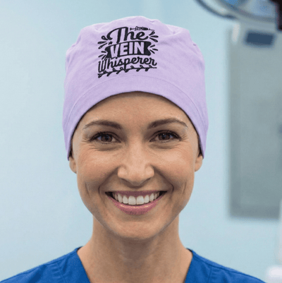 Embroidery - The Vein Whisperer scrub cap shown on model