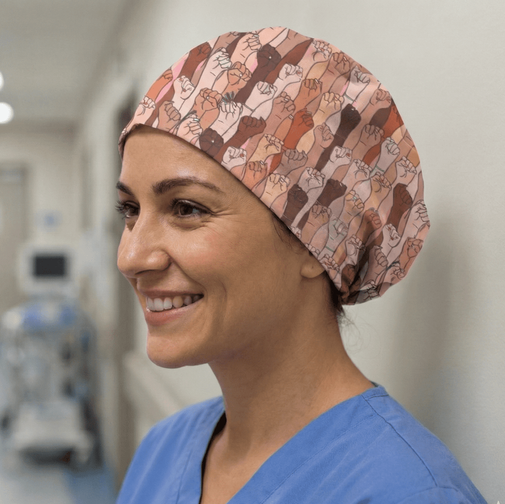 Equal Rights Girl Power Fists scrub cap shown on model