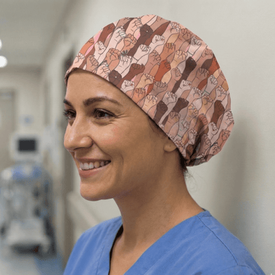 Equal Rights Girl Power Fists scrub cap shown on model