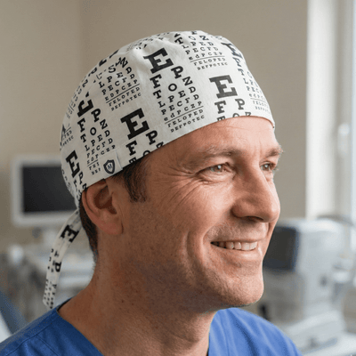 Eye Chart Test scrub cap shown on model