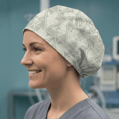 Faded Wonder Woman Diamonds scrub cap shown on model