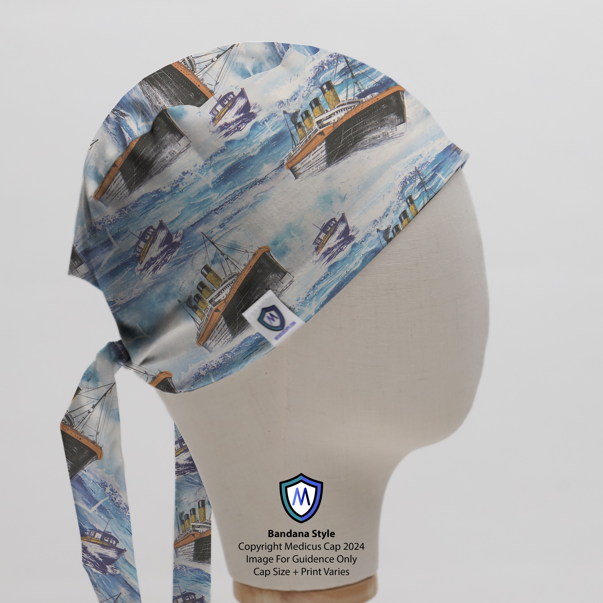 Ferry Boat Scrub Cap - Grey's Anatomy inspired design from Medicus Scrub Caps, featuring a nautical print with ships on a blue ocean background.