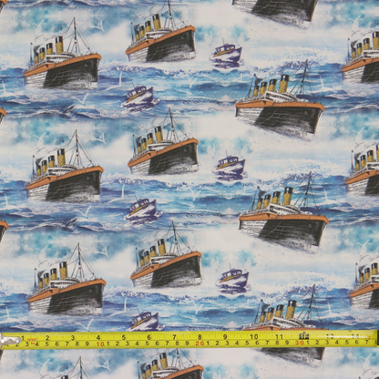 Ferry Boat Grey's Anatomy Inspired Scrub Cap from Medicus Scrub Caps, featuring a nautical-themed pattern with ships on a blue ocean background.