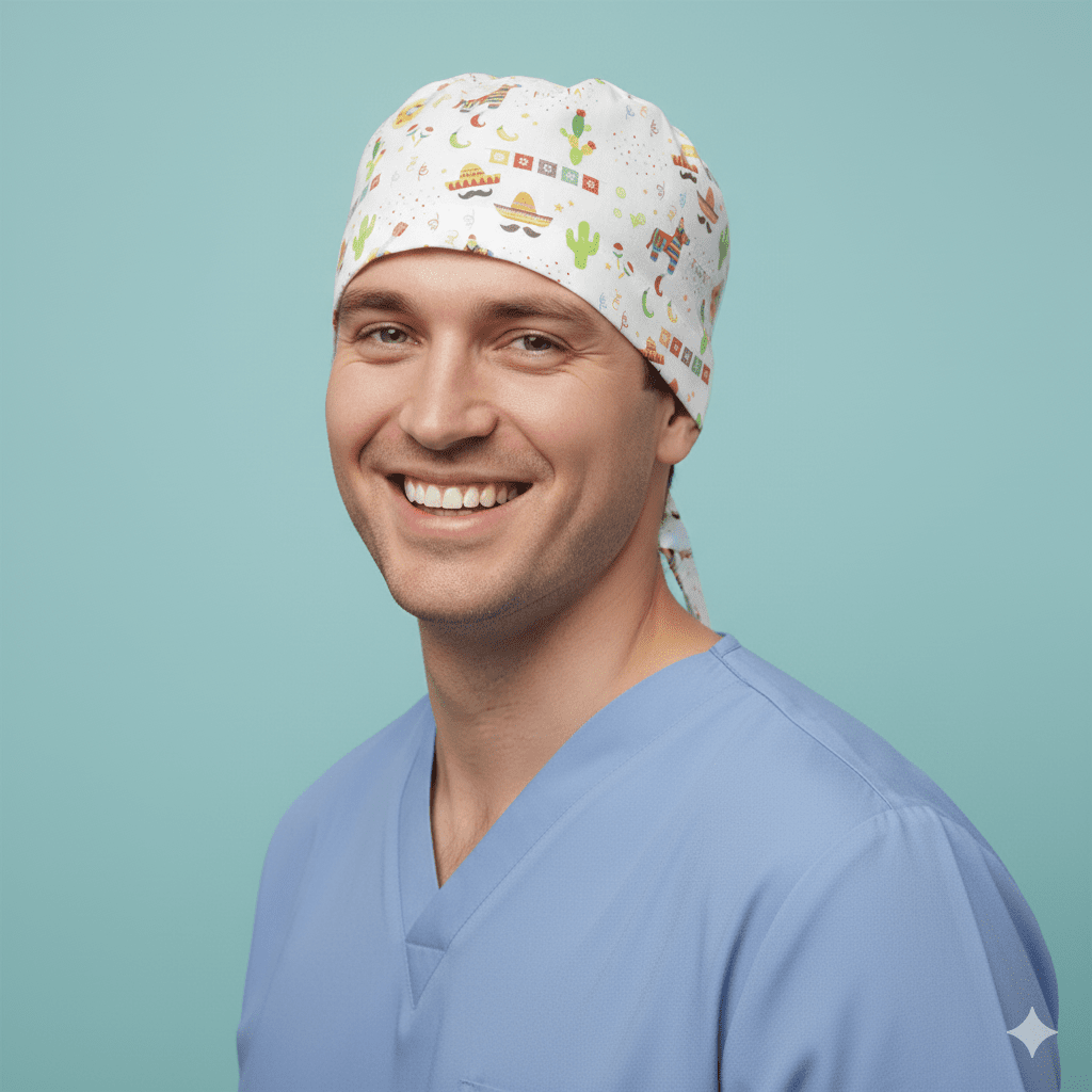 Fiesta Party scrub cap pattern detail on mannequin