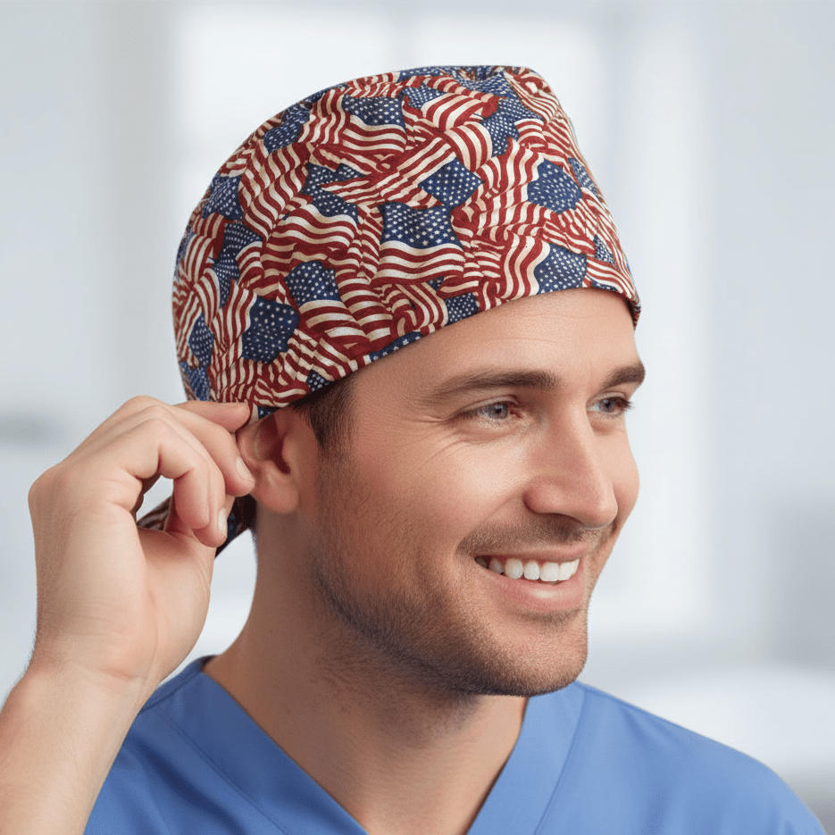Flag USA scrub cap pattern detail on mannequin