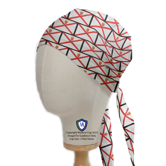 The Medicus Scrub Caps Flag Jersey Island Scrub Cap features a red and white geometric pattern with crests, long ties, and eco-friendly fabric for all-day wear.