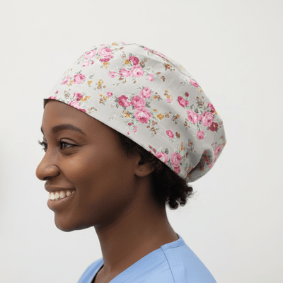 Floral Bunches Roses Grey scrub cap shown on model