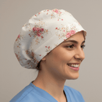 Floral Flower Arrangement Roses White scrub cap shown on model