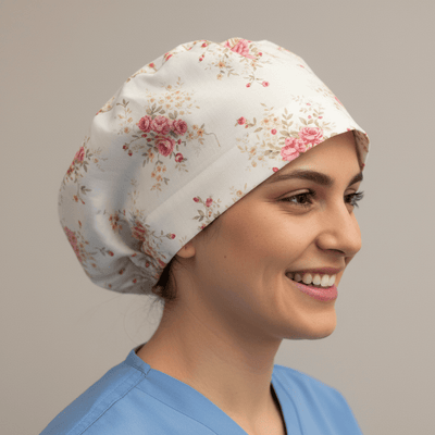 Floral Flower Arrangement Roses White scrub cap shown on model