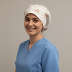 Floral Flower Arrangement Roses White scrub cap shown on model