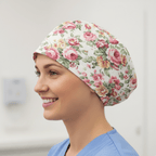 Floral Large Roses Vintage Ivory scrub cap shown on model