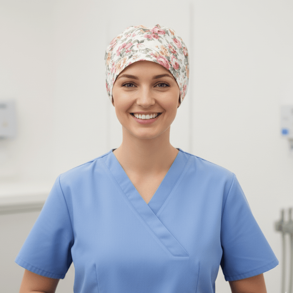 Floral Large Roses Vintage Ivory Scrub Cap