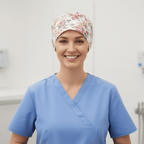 Floral Large Roses Vintage Ivory scrub cap shown on model