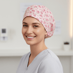 Floral Pink On Baby Pink scrub cap shown on model