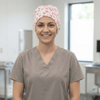 Floral Pink On Ivory scrub cap shown on model
