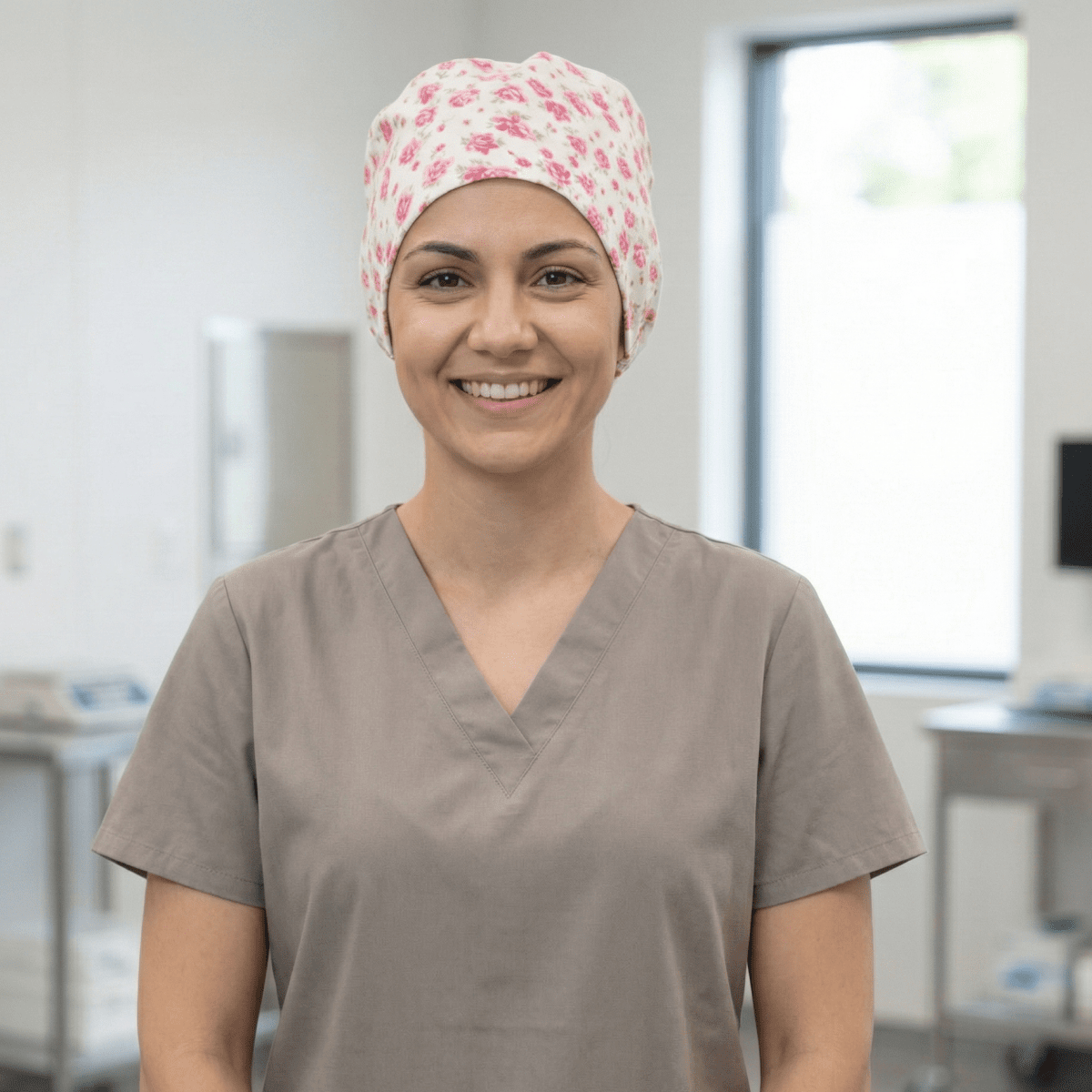 Floral Pink On Ivory Scrub Cap scrub cap detail view 2