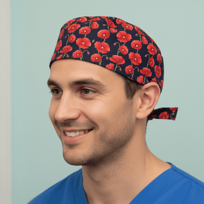 Floral Poppies scrub cap shown on model