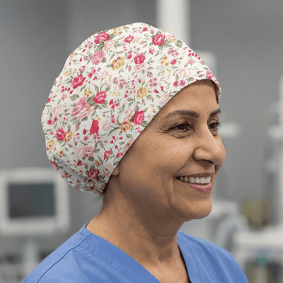 Floral Roses Colourful scrub cap shown on model