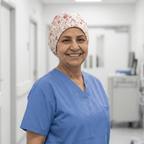 Floral Roses Colourful scrub cap shown on model