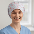 Floral Roses Small On Blue scrub cap shown on model