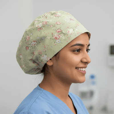 Floral Vintage Faded Green scrub cap shown on model
