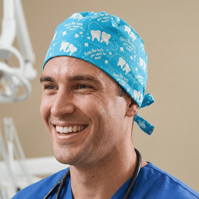 Floss The Teeth You Want To Keep Dentist scrub cap shown on model