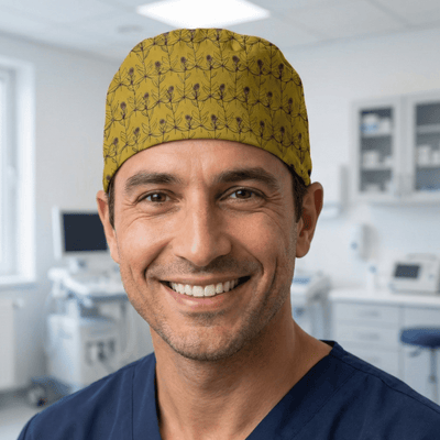 Flowers On Mustard scrub cap shown on model