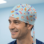 Food Kawaii Sushi Rolls On Blue scrub cap shown on model
