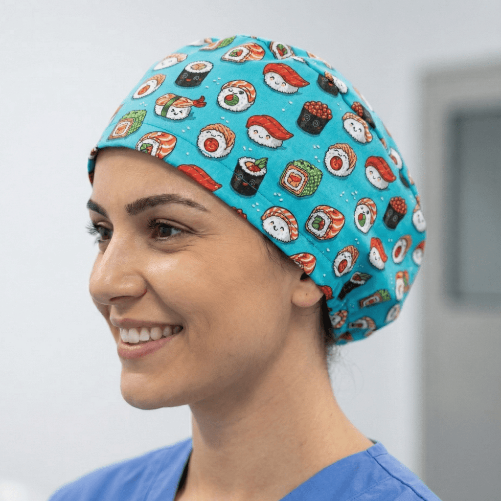 Gorro quirúrgico con diseño de comida kawaii y sushi