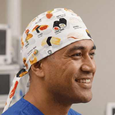 Food Sushi Menu scrub cap shown on model