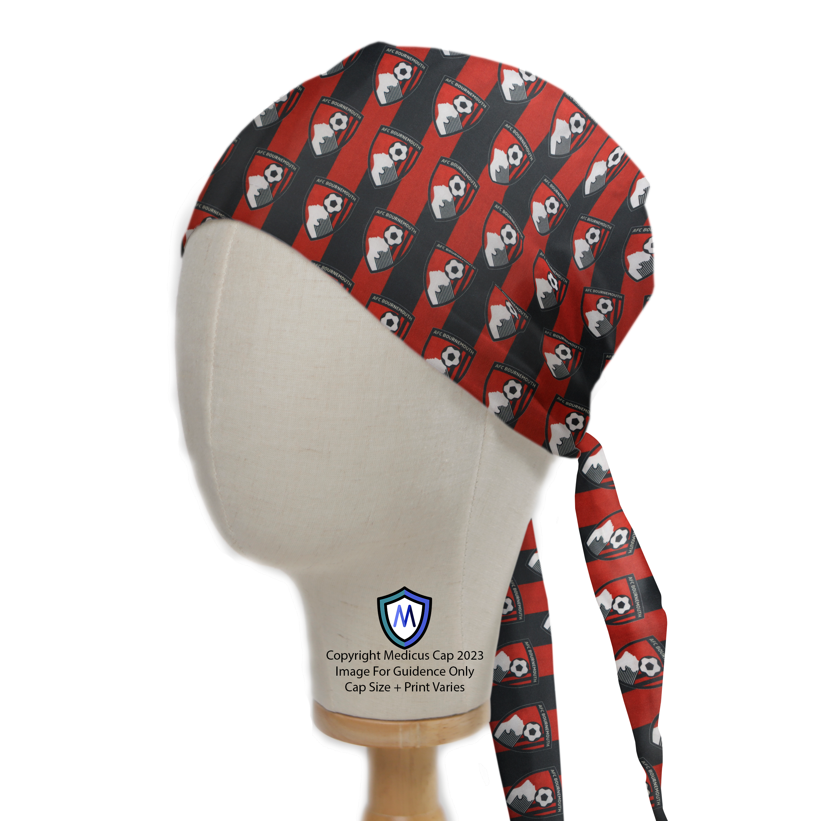 A mannequin head wearing a Medicus Scrub Cap with a red and black AFC Bournemouth football club pattern. The cap has a tie at the back.