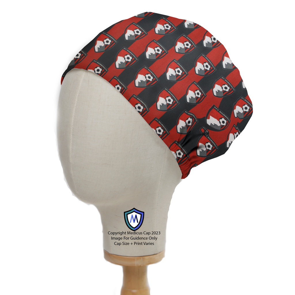 Football Club AFC Bournemouth FC Scrub Cap from Medicus Scrub Caps, featuring a red and black pattern with club logos.