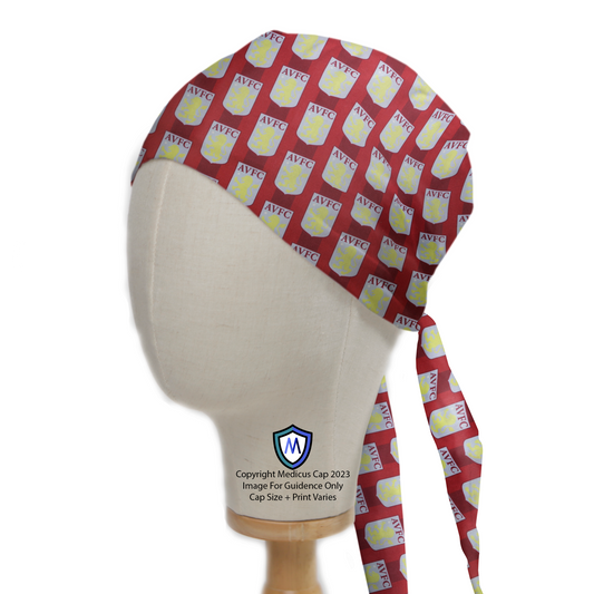 The mannequin head wears a Medicus Scrub Caps Aston Villa AVFC FC scrub cap, featuring a red and yellow design with AVFC logos and long ties.