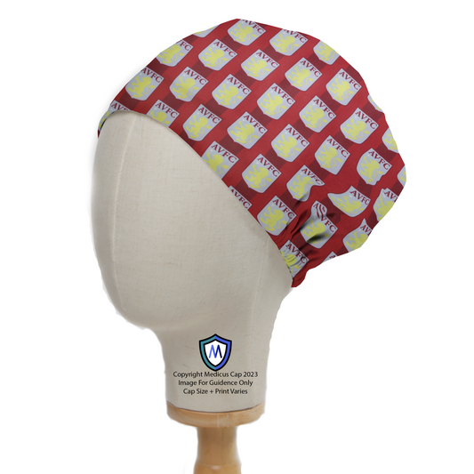 A Medicus Scrub Caps mannequin wears the Football Club Aston Villa AVFC FC Scrub Cap, featuring a red design with AVFC shield logos on a white background.