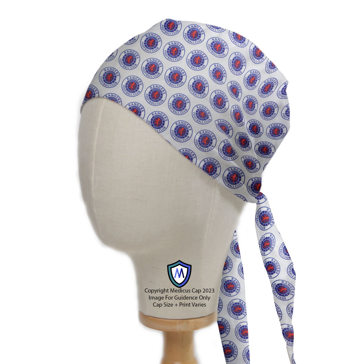 Football Club Rangers FC Scrub Cap from Medicus Scrub Caps, featuring a patterned design with the club's logo on a white background.